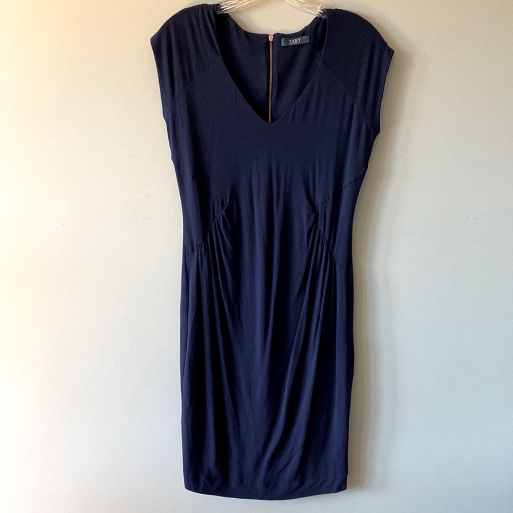 TART Maternity navy blue stretchy dress with rose gold zipper - S